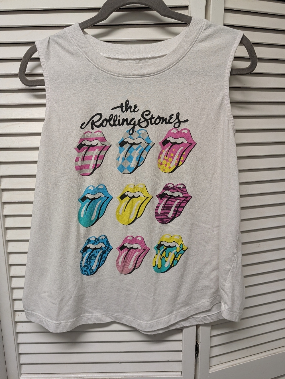 the Rolling Stones White Tank with Pink, Blue, Yellow & Teal Tongues